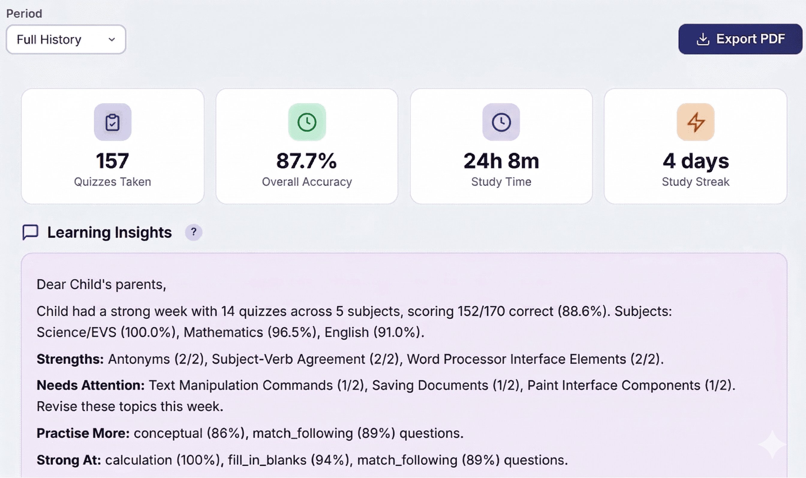 Sample chapter progress report with benchmarks in AdvancePrep